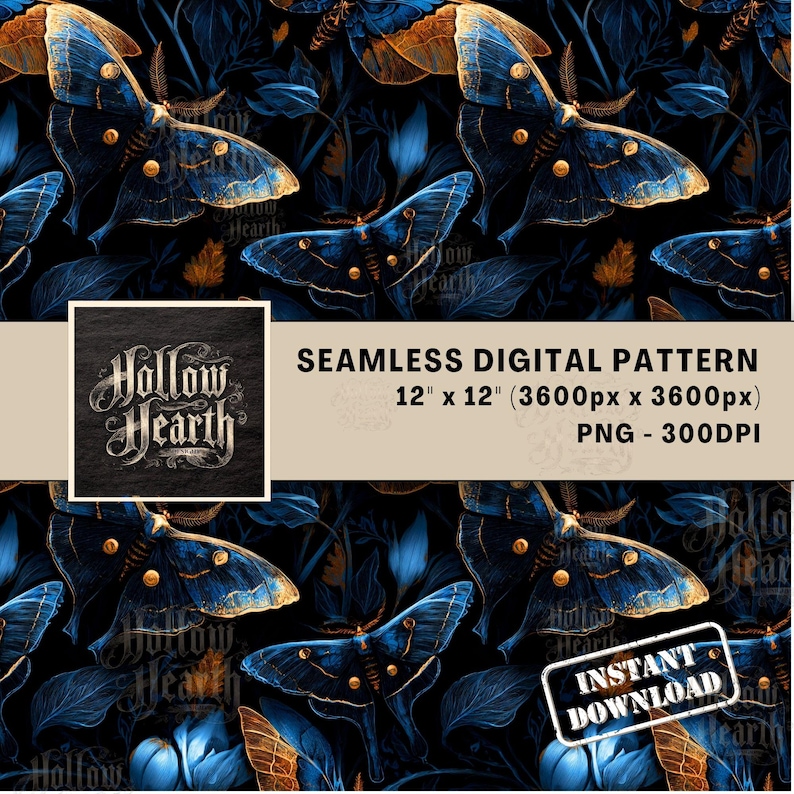 Blue Moth Seamless Pattern PNG, Gothic Insect Digital Paper, Dark ...
