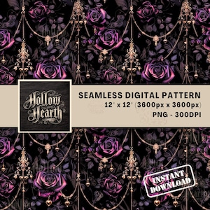 May include: Seamless digital pattern featuring dark roses in shades of purple and pink against a black background. Gold-colored decorative elements and hanging chains with heart-shaped charms add detail. Includes the text "Hollow Hearth" and "Instant Download".