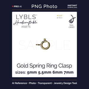 May include: A gold spring ring clasp for jewelry making. The image includes text reading LYBLS Handcraftable ASSETS, Style: CRD07, Gold Spring Ring Clasp, and sizes: 5mm 5.5mm 6mm 7mm. The clasp is a circular metal ring with a small spring-loaded lever.