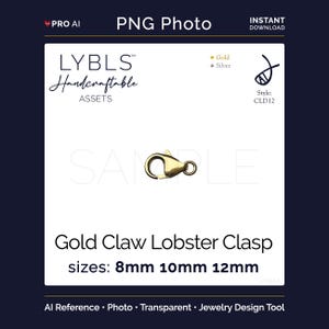 May include: A gold-colored lobster claw clasp for jewelry making. The image includes text: LYBLS Handcraftable ASSETS, Gold, Silver, Style: CLD12, Gold Claw Lobster Clasp, and sizes: 8mm 10mm 12mm. The clasp features a spring-loaded mechanism.