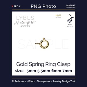 May include: A gold spring ring clasp, a jewelry component, is displayed against a white background. The image includes text indicating sizes: 5mm, 5.5mm, 6mm, and 7mm. The product is labeled as a jewelry design tool.