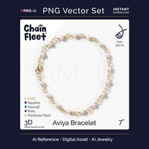 Könnte beinhalten: Ein goldfarbenes Aviva-Armband mit Süßwasserperlen, ca. 17,78 cm lang, wird gezeigt. Das Bild enthält den Text "Chain Fleet" und "Aviya Bracelet". Das Bild ist ein digitales Asset.