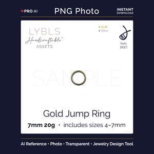 May include: A gold jump ring, 7mm in size, is displayed on a white background. The image includes text that reads "LYBLS Handcraftable ASSETS" and "Gold Jump Ring 7mm 20g includes sizes 4-7mm". The image is labeled as a PNG photo.