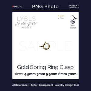 May include: A gold spring ring clasp, a jewelry component, is displayed against a white background. The image includes text indicating sizes from 4.5mm to 7mm. The clasp is a circular design with a spring mechanism for secure closure.