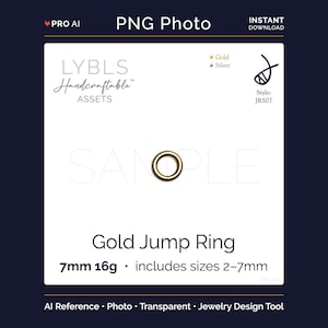 May include: A gold jump ring, 7mm in size, is displayed on a white background. The image includes text that reads "LYBLS Handcraftable ASSETS" and "Gold Jump Ring." The image also states that it includes sizes 2-7mm.