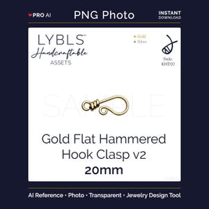 May include: A gold-colored flat hammered hook clasp measuring 20mm in length. The jewelry component features a coiled wire loop at one end and a curved hook at the other, displayed on a white background with the text Gold Flat Hammered Hook Clasp v2 20mm.