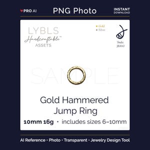 May include: A gold hammered jump ring, 10mm in size, is featured in this image. The ring has a textured surface and is part of a jewelry design tool. The image also includes the text "LYBLS Handcraftable Assets".