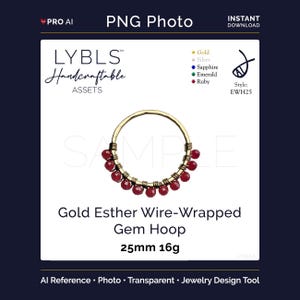 May include: A gold hoop earring featuring wire-wrapped red gemstone beads along the bottom half. The jewelry piece is labeled as Gold Esther Wire-Wrapped Gem Hoop, 25mm 16g. The design includes a circular gold band with multiple small red beads.