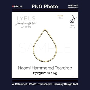 Gold Naomi Hammered Teardrop 38mm 16g (PNG) AI Reference Transparent Images - Handcraftable™ Asset - Jewelry Component Photos - Gold/Silver