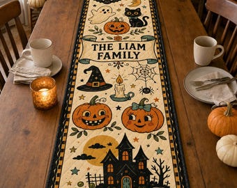 Personalized Halloween Quilted Table Runner, Vintage Spooky Family Name Decor