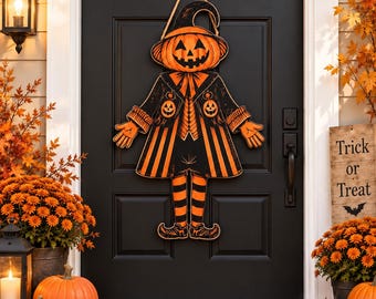 Retro Pumpkin Character Door Hanger, Vintage Halloween Jack O Lantern Sign, Pumpkin Witch Front Door Decor, Spooky Porch Decoration