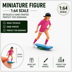 May include: A miniature, hand-painted figure of a person skateboarding. The figure is wearing a pink shirt, shorts, and a black cap. The skateboard is blue. The text on the image reads "MINIATURE FIGURE 1:64 SCALE". The figure is approximately 1 inch tall.