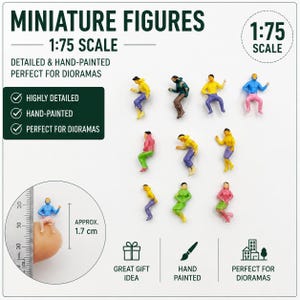 May include: Miniature figures in 1:75 scale, hand-painted and detailed. The image shows several small figurines, each approximately 1.7 cm tall, in various poses and colorful outfits. Text on the image says "Perfect for Dioramas".