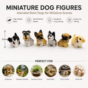 Może przedstawiać: Miniaturowe figurki psów z żywicy, każda o wysokości około 3,5 cm. Zestaw zawiera sześć różnych ras psów, ręcznie malowanych z dbałością o szczegóły. Idealne do domków dla lalek, miniaturowych ogrodów i dekoracji terrarium.