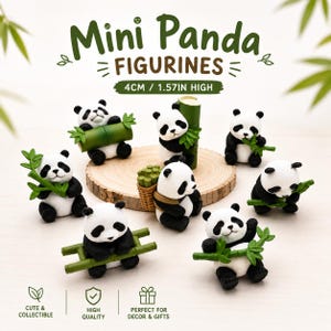 May include: A collection of eight small panda figurines, each 1.57 inches high, depicted in various poses interacting with green bamboo stalks. Some pandas are holding bamboo, one carries a basket of bamboo, and one sits beside a bamboo pole.