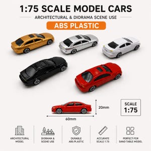 Könnte beinhalten: Miniatur-Modellautos in Gold, Silber, Schwarz, Rot und Weiß. Der Text "1:75 SCALE MODEL CARS" und "ABS PLASTIC" sind sichtbar. Das rote Auto ist 6 cm lang und 2 cm hoch. Ideal für Architekturmodelle und Dioramen.