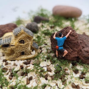 Può includere: Scena in miniatura con una piccola casa in pietra e una figura che scala una roccia marrone. La scena è ambientata su piccole pietre, muschio e vegetazione, creando un tema esterno stravagante.