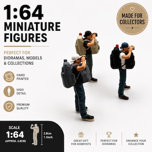 Könnte beinhalten: Miniaturfiguren im Maßstab 1:64 von Fotografen mit Rucksäcken, handbemalt und detailreich. Jede Figur ist etwa 2,8 cm groß. Ideal für Dioramen, Modelle und Sammlungen. Hergestellt für Sammler.