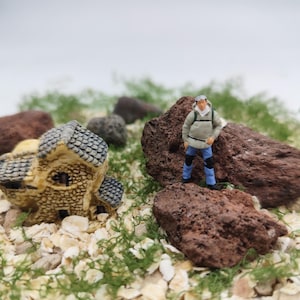 May include: Miniature scene featuring a small stone house with a gray tiled roof, a figure of a hiker, and several reddish-brown rocks. The scene is set on a bed of green moss and small, tan pebbles, creating a diorama effect.