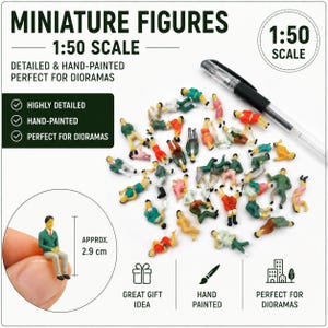 May include: A collection of hand-painted miniature figures in 1:50 scale, perfect for dioramas. The figures are approximately 2.9 cm tall and feature detailed designs. The image includes text that says "Miniature Figures", "Detailed & Hand-Painted", and "Perfect for Dioramas".