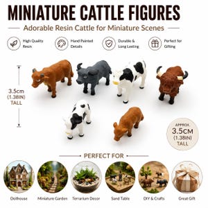 Op de afbeelding: Miniatuur hars vee figuren, ongeveer 3,5 cm hoog, in verschillende kleuren, waaronder bruin, zwart en wit. Deze handgeschilderde beeldjes zijn geschikt voor poppenhuizen, miniatuurtuinen, terrariumdecoratie, zandtafels, knutselen en cadeau geven.
