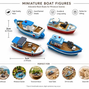 Puede incluir: Cuatro figuras de barcos en miniatura en colores azul, blanco y rojo, cada una de 2 cm de altura y 5 cm de longitud. Los barcos de resina presentan cubiertas, cabinas y pequeños accesorios detallados en un conjunto de piezas decorativas.