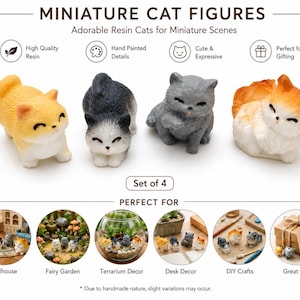 Könnte beinhalten: Ein Set aus vier Miniatur-Katzenfiguren aus Kunstharz. Die Katzen sind in verschiedenen Farben dargestellt, darunter Orange, Schwarz-Weiß, Grau sowie eine Mischung aus Orange und Weiß. Jede Figur weist handbemalte Details und Gesichtszüge auf.