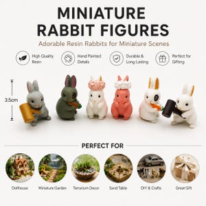 May include: Six miniature rabbit figures, each 3.5 cm tall, displayed in a row. The rabbits are colored grey, dark grey, white with pink accents, pink, white with black eye patches, and white. Some hold carrots or mallets, while others wear floral crowns.