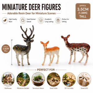 May include: Three miniature resin deer figures, approximately 3.5 cm tall, are displayed. The deer are hand-painted with detailed features and come in various colors. The image includes text that reads "Miniature Deer Figures" and "Perfect for Gifting."