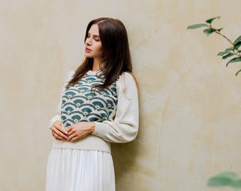 100% Baby Alpaca Wool Seashell Sweater with Puffy Sleeves: Sustainable Artisan Made Luxury Knit