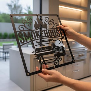 Smokehouse Metal Sign, BBQ Grill Wall Art, Custom Smoker Sign, Backyard BBQ Decor, Grill Master Gift, Outdoor Kitchen Sign