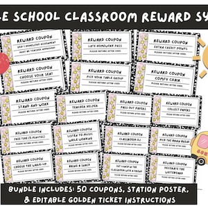 May include: A set of Middle School Classroom Reward System coupons featuring black and white borders with yellow smiley faces. Text includes Skip Homework, Late Homework Pass, Extra Credit, Choose Seat, Table Group, Comfy Chair, and other tasks.