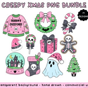 May include: A digital collection of 14 hand-drawn Christmas-themed illustrations featuring skulls, ghosts, and holiday motifs in pink, green, and black. The text reads CREEPY XMAS PNG BUNDLE and 14 DESIGNS, transparent background, hand drawn, commercial use.