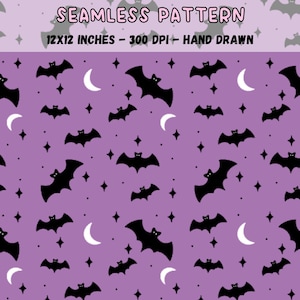 May include: Seamless pattern featuring black bats, white crescent moons, and stars on a lavender background. The text at the top reads "SEAMLESS PATTERN" and "12x12 INCHES - 300 DPI - HAND DRAWN". This design is suitable for Halloween-themed projects.