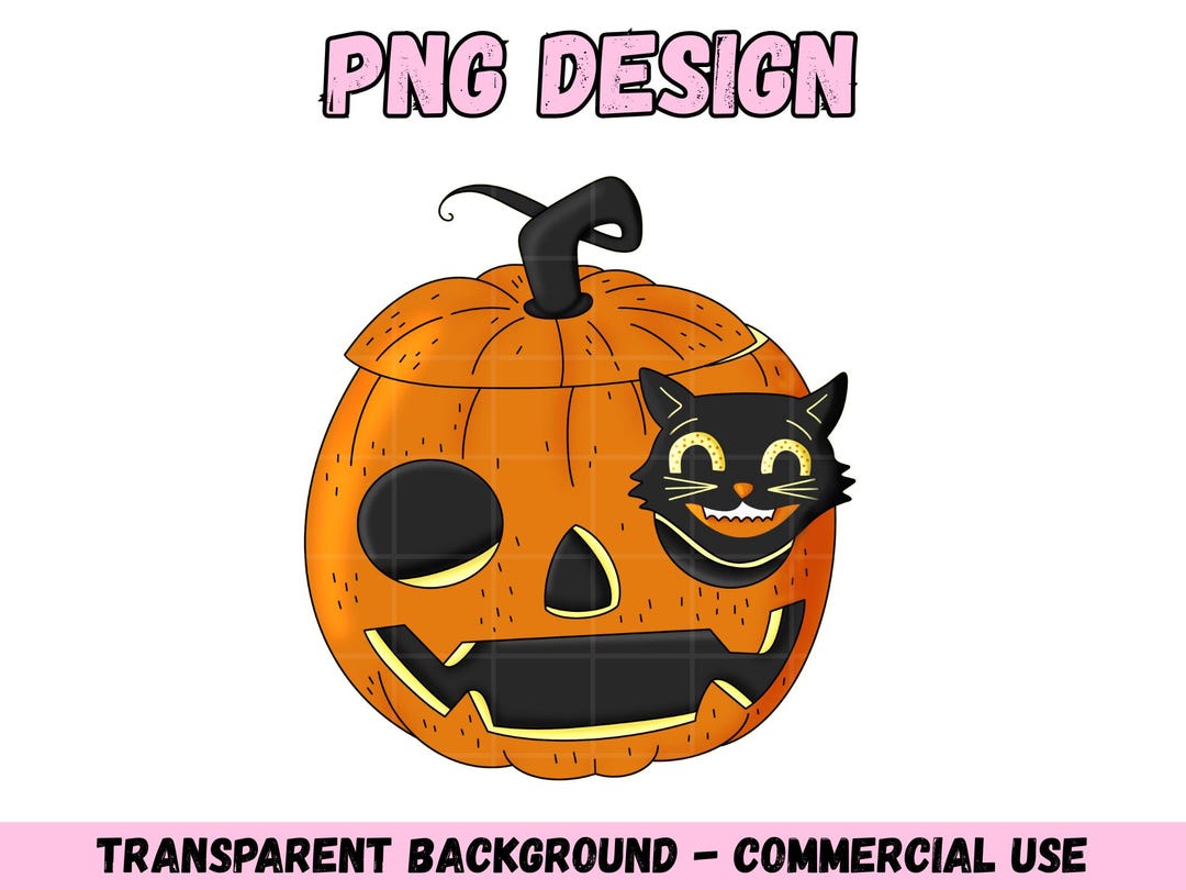 Vintage Halloween Pumpkin PNG With Black Cat Face - Etsy
