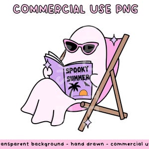 May include: A light pink ghost character wearing pink sunglasses, sitting in a brown wooden beach chair while reading a light purple book titled Spooky Summer, which features a palm tree, a sun, and a bat graphic on the cover.