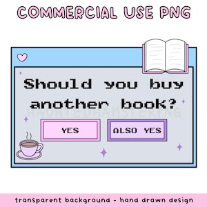 Op de afbeelding: Digitale illustratie met een lichtblauw venster met de vraag "Moet je nog een boek kopen?" met de opties "Ja" en "Ook Ja". Bevat een koffiekopje, een open boek en sterren.