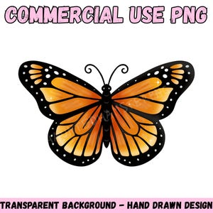 Puede incluir: Ilustración digital de una mariposa monarca con alas naranjas y negras. La mariposa tiene un cuerpo y antenas negros. La imagen incluye el texto "COMMERCIAL USE PNG" y "TRANSPARENT BACKGROUND - HAND DRAWN DESIGN".