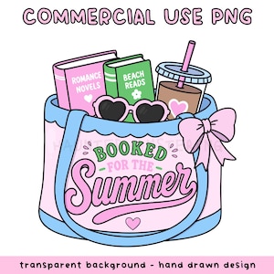 Peut inclure: Un sac fourre-tout bleu clair avec l'inscription "Booked for the Summer". Il contient des livres, des lunettes de soleil en forme de cœur et une boisson. Les livres sont intitulés "Romance Novels" et "Beach Reads".