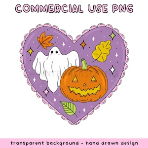 May include: A heart-shaped Halloween design with a purple background, a white ghost, and an orange jack-o'-lantern. The design includes fall leaves and the text "COMMERCIAL USE PNG".