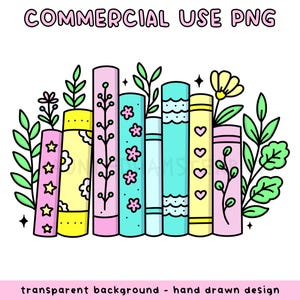 May include: A colorful illustration of a stack of books with floral and botanical designs. The books are in various colors, including pink, yellow, and blue, and are decorated with stars, flowers, and hearts. The text "COMMERCIAL USE PNG" is at the top.