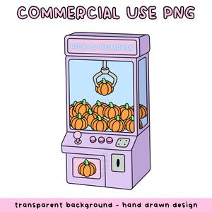 May include: A cartoon illustration of a purple claw machine labeled "PICK-A-PUMPKIN". The machine is filled with orange pumpkins, and a claw is holding one. The text "COMMERCIAL USE PNG" and "transparent background - hand drawn design" are also present.