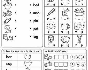CVC Words Phonics-werkboek | 30 afdrukbare alfabetiseringswerkbladen voor kleuters en kleuters | Lezen - spellingoefening