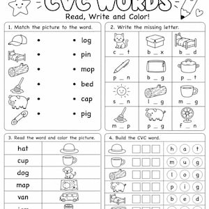 May include: A black and white educational worksheet titled CVC WORDS Read, Write and Color! featuring four sections with exercises for matching pictures to words, filling in missing letters, coloring items, and building words with letter circles.