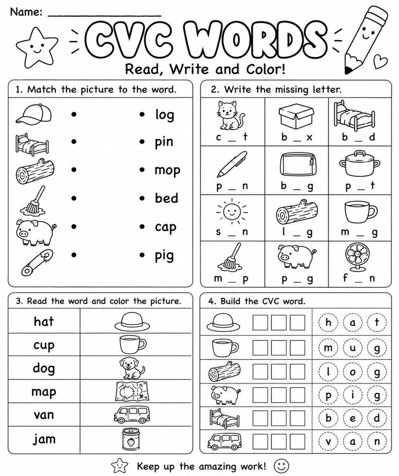 May include: A black and white educational worksheet titled CVC WORDS Read, Write and Color! featuring four sections with exercises for matching pictures to words, filling in missing letters, coloring items, and building words with letter circles.