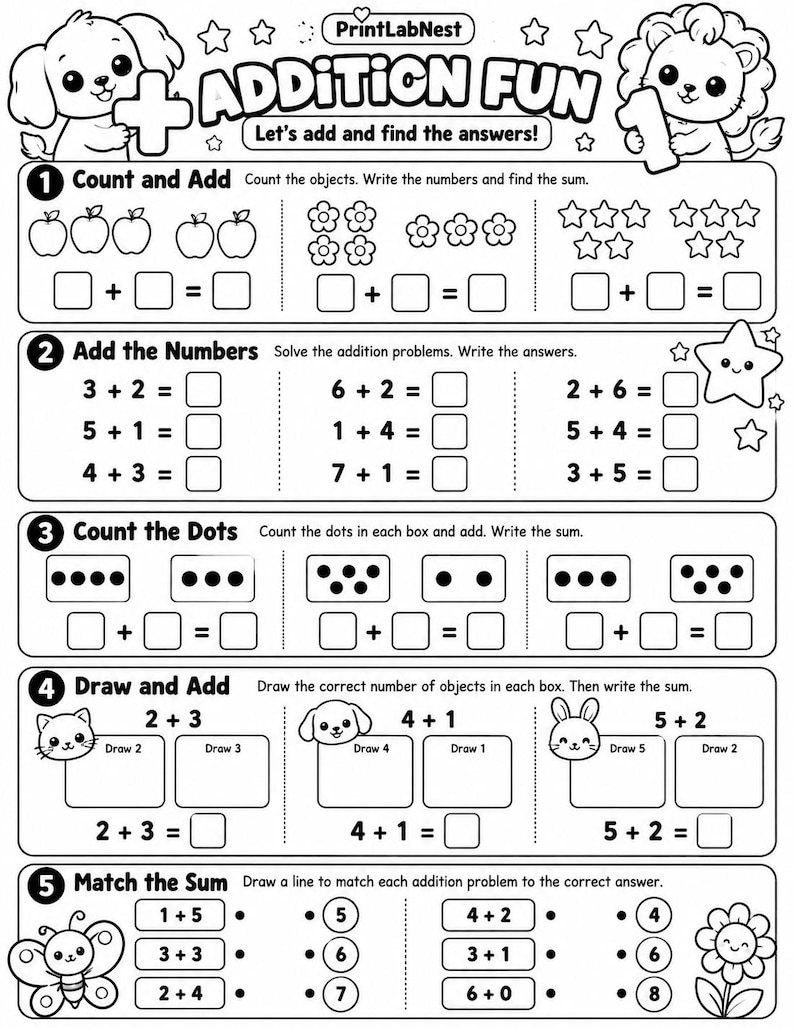 Addition Worksheets for Kids, Printable Math Activities, Kindergarten ...