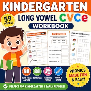 May include: A colorful workbook for kindergarten students with the title "Kindergarten Long Vowel CVCE Workbook." The cover features a cartoon boy holding a green book. The workbook includes 59 pages of reading, tracing, sentence, matching puzzles, and color & write activities.