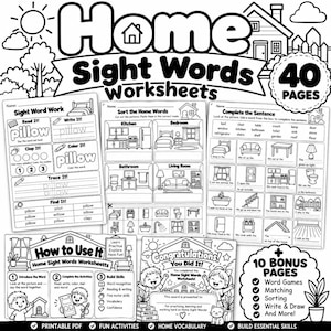 May include: A collection of black and white educational worksheets titled Home Sight Words Worksheets, featuring 40 pages of activities including word tracing, sorting, and sentence completion exercises with illustrations of household items.