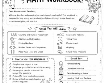 Op de afbeelding: Een zwart-wit werkboekpagina voor kleuterwiskunde met een potlood- en rekenmachinefiguur. De tekst luidt Welcome to KINDERGARTEN MATH WORKBOOK, What You Will Learn, How to Use This Workbook en Great For, met velden voor naam en datum.