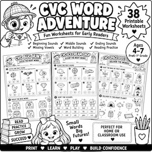May include: A black and white educational set of 38 printable CVC Word Adventure worksheets for ages 4-7. The pages feature activities like CVC Bug Hunt, CVC Ice Cream Shop, and CVC Space Post Office, with illustrations of children, insects, and space themes.